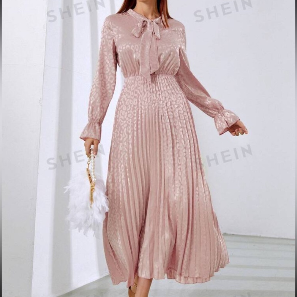 Leopard Jacquard Flounce Sleeve Tie Neck Pleated Hem Satin Dress